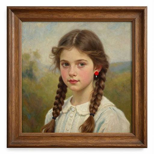Realistic oil painting of a young girl with braided brown hair, fair skin, red earrings, wearing a white blouse, framed in a wooden box