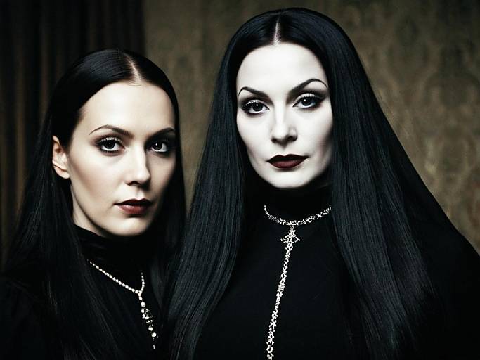 Digital artwork of two pale, dark-haired women with striking white faces, black lipstick, and silver necklaces, wearing black clothing, against a dark,