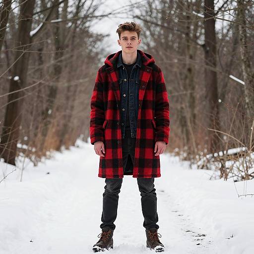 Confident Winter Fashion in Scenic Forest