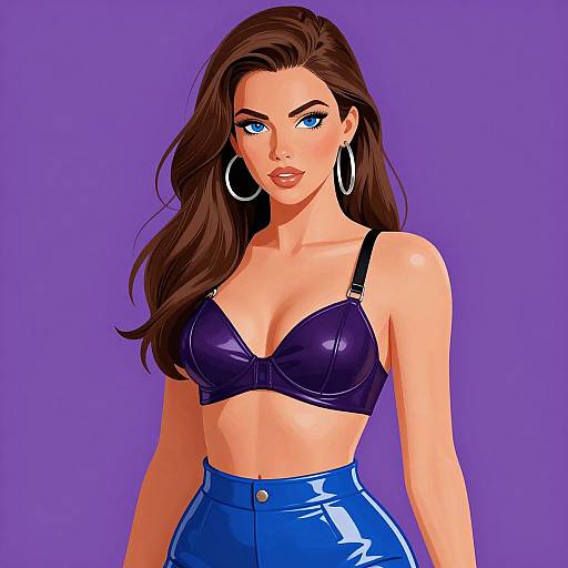 Digital illustration of a confident woman with long brown hair, blue eyes, wearing a black leather bra and high-waisted blue vinyl pants, against a