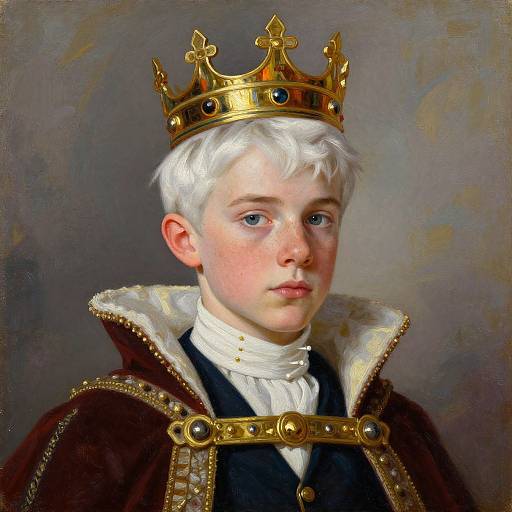Painting of a young, fair-skinned boy with white hair, blue eyes, wearing a golden crown, and elaborate royal attire against a gray background