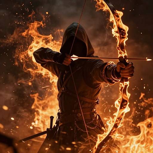Silhouetted archer in dark hood, surrounded by intense, orange flames, drawing bowstring. Dynamic, fiery background, dramatic lighting, medieval