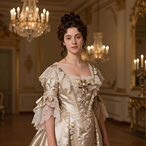 Photograph of a young woman with curly dark hair in an ornate, cream-colored, lace-trimmed satin dress, standing in an opulent