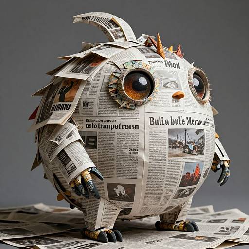 Intricate Newspaper Creature with Depth