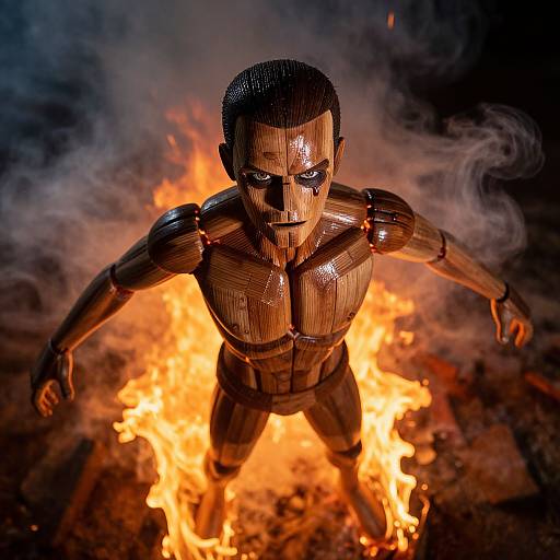 Photograph of a metallic, humanoid figure with intense eyes standing in fiery flames, surrounded by dark smoke, exuding a powerful, fiery aura.