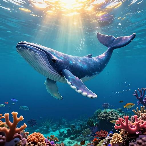 Photograph of a majestic blue whale swimming gracefully underwater, surrounded by colorful coral reefs and small fish, with sunlight rays illuminating the scene from above.