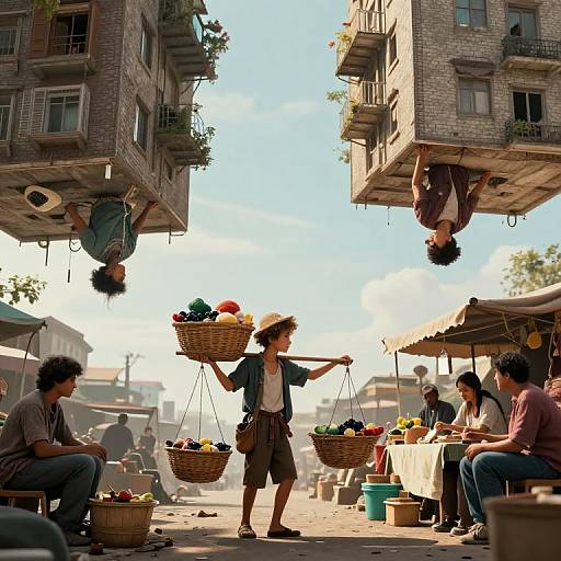 Photograph of a bustling outdoor market with a young boy balancing baskets on a pole, surrounded by people and vendors, under two hanging buildings.