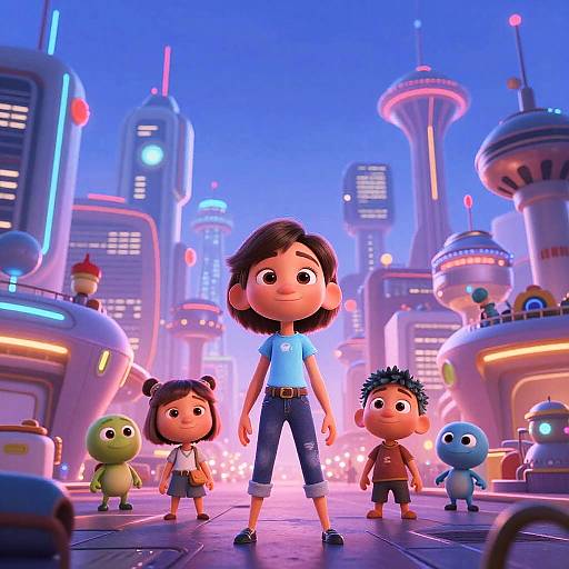 Digital CGI image of a cute, brown-haired girl in a blue shirt and jeans, standing confidently in a neon-lit futuristic cityscape with three small