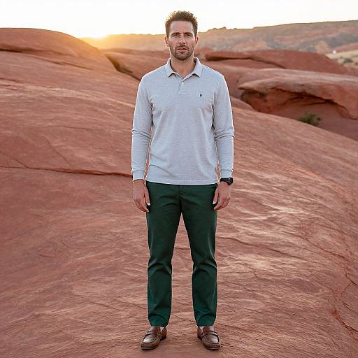 Photograph of a bearded man in a white polo, black pants, and brown shoes standing on red rock formations at sunset.