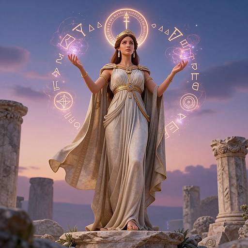 Digital art of a mystical woman in a flowing white dress, holding glowing magic circles, standing on ancient ruins at sunset.
