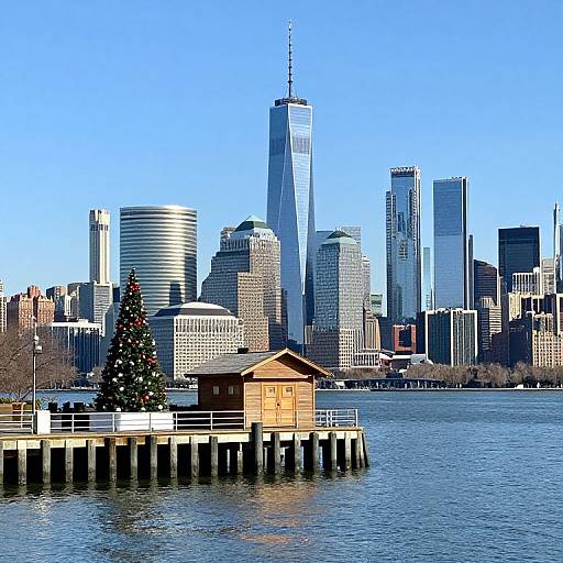 Photograph of New York City skyline with One World Trade Center, Christmas tree on pier, wooden shed, clear blue sky, and calm water.