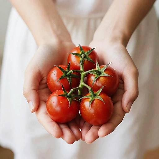 Close-up photograph of a person's cupped hands holding a cluster of vibrant red, water-droplet-covered cherry tomatoes with green stems.