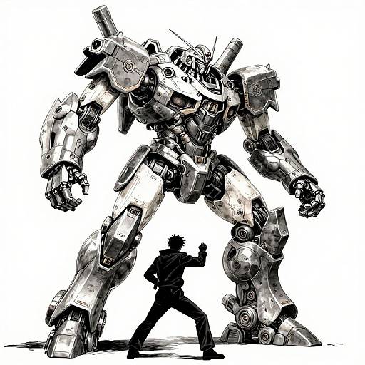 Digital illustration of a towering, detailed mecha robot with intricate armor and large cannons, towering over a silhouetted human in a dynamic stance.