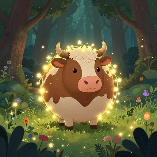 Enchanted forest illustration: Adorable, glowing brown and white calf with lights surrounding it, standing among colorful flowers and tall trees at night.
