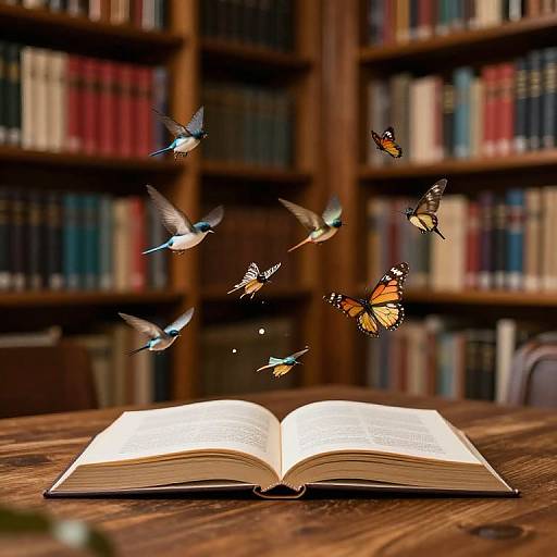 Magical Library with Birds and Butterflies