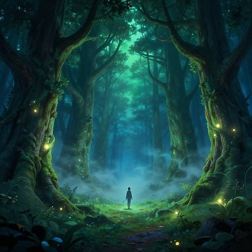 Fantasy forest illustration: lone figure stands under glowing fireflies between towering, moss-covered trees, illuminated by ethereal blue-green light.