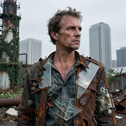 Photograph of a rugged, middle-aged man with messy hair, wearing a battered, patchwork leather jacket with metal plates, standing in a dilapid