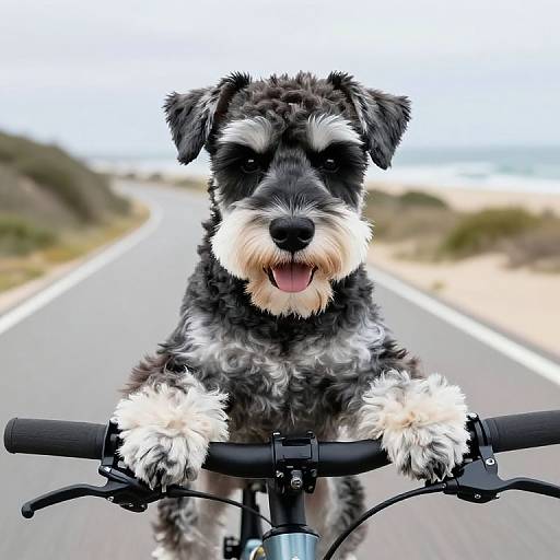 Photograph of a black and white curly-haired dog sitting on a bicycle, front paws on handlebars, tongue out, on a blurred road with