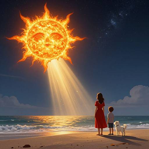 Digital illustration: Woman in red dress and child in white shirt stand on beach, watching a glowing, fiery sun descending over ocean, with a dog beside
