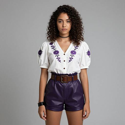 Photograph of a curly-haired woman with tan skin wearing a white floral blouse, brown belt, and dark blue shorts against a gray background.