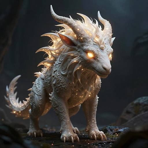 Digital artwork of a glowing white, dragon-like creature with intricate horns, scales, and fiery orange eyes, standing in a dark, mystical forest.