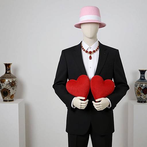 Photograph of a faceless mannequin in a black suit, white shirt, pink hat, red necklace, holding two red heart-shaped pillows,