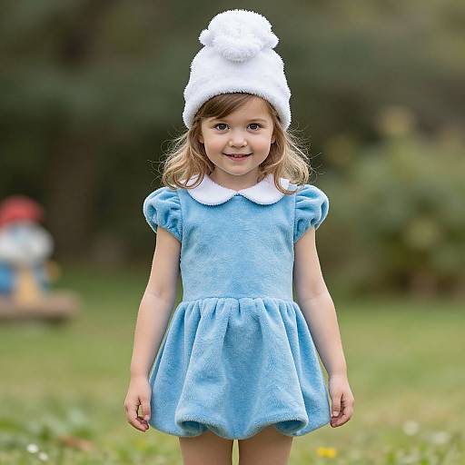 Photograph of a smiling young girl with light brown hair, wearing a blue dress, white pom-pom hat, standing on grassy field. Bl