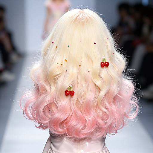 Photograph of a model's back with platinum blonde hair with pink tips, adorned with small red cherry hairpins, walking on a bright runway.