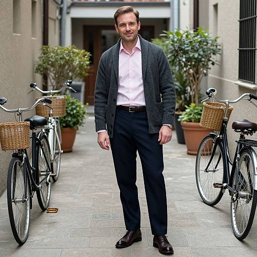 Photograph of a bearded man in a dark cardigan, white shirt, and black trousers, standing between two bicycles with wicker baskets in a