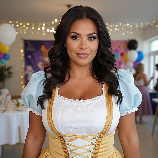 Photograph of a curvy woman with long black hair, wearing a blue puffed-sleeve blouse and yellow dirndl, standing in a brightly