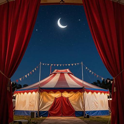 Photograph of a circus tent with red and white stripes, lit from inside, viewed through red curtains at night, under a crescent moon in a