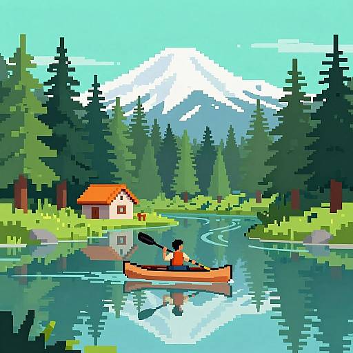 Pixel art of a person in an orange canoe paddling on a reflective river, with a red-roofed cabin and snow-capped mountains in the