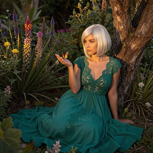Photograph of a fair-skinned woman with white bob haircut, wearing a teal lace dress, holding a butterfly, seated against a tree in a vibrant
