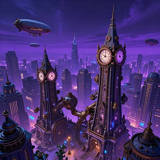 Steampunk Cityscape Beneath Neon Sky