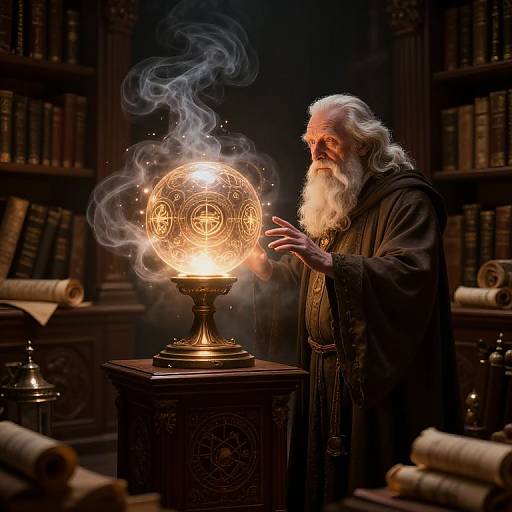 Photograph of a white-bearded wizard in dark robes, conjuring a glowing, orb-like lamp emitting smoke in a dim, book-filled library.