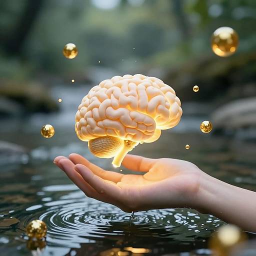 Photograph of a glowing human brain hovering above a hand in a forest stream, surrounded by golden bubbles, creating ripples.