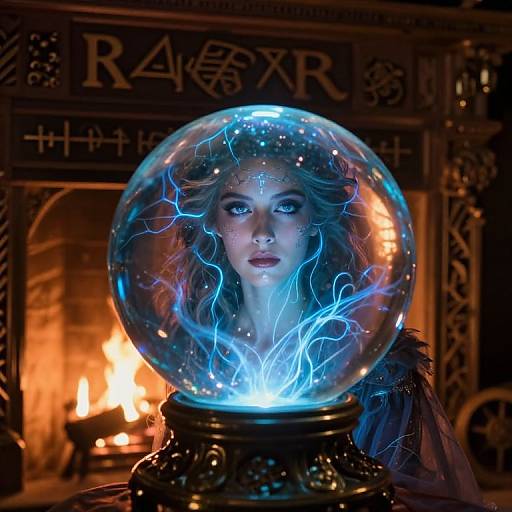 Photograph of a woman with glowing blue electricity lines, encased in a glass snow globe, in front of a roaring fireplace with dark, ornate