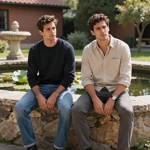 Two Men Sitting by Pond on Stone Wall