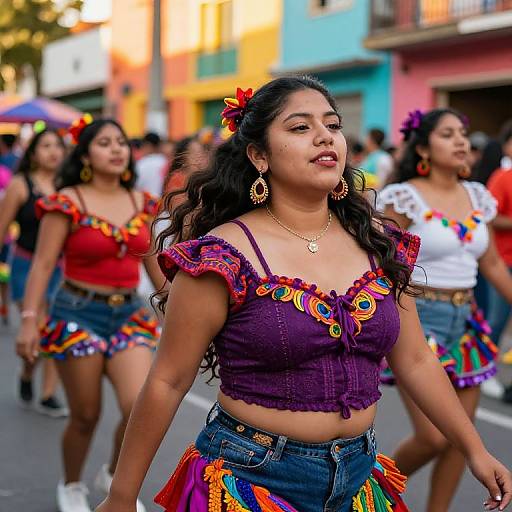 Photograph of Latina women in vibrant, traditional Mexican attire with colorful embroidery and flower accessories, dancing in a lively street parade.