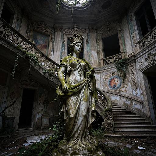Photograph of an ornate, moss-covered statue of a classical woman in a decaying, abandoned grand hall with intricate moldings and stained glass.