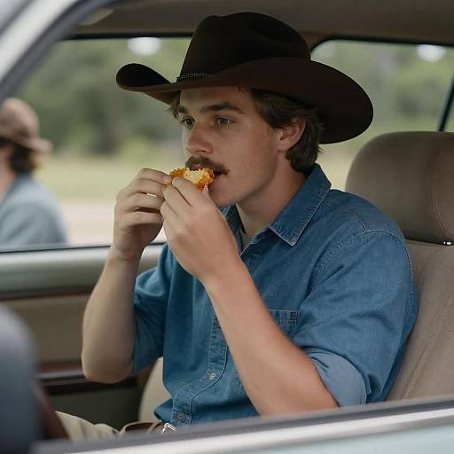 Young man eating in car wearing cowboy hat