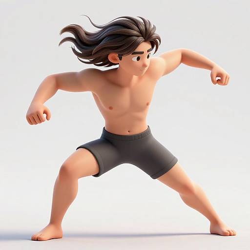 CGI 3D illustration of a muscular, shirtless Asian man with long black hair, wearing black shorts, in a fighting stance. White background
