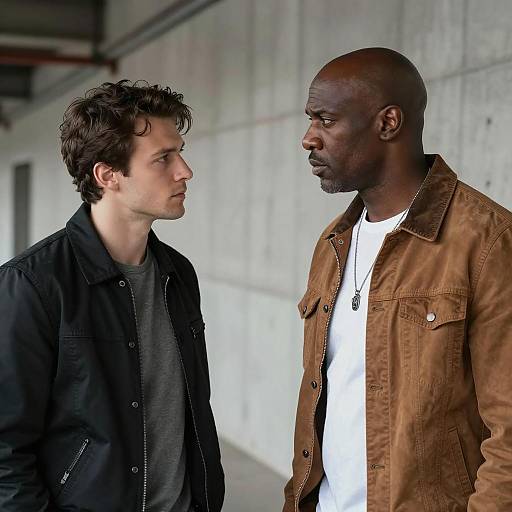 Two Men Facing Each Other in Industrial Hallway