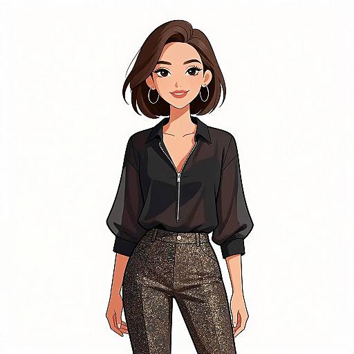 Digital anime-style drawing of a smiling woman with short brown hair, wearing a black zip-up blouse and sparkling black pants.