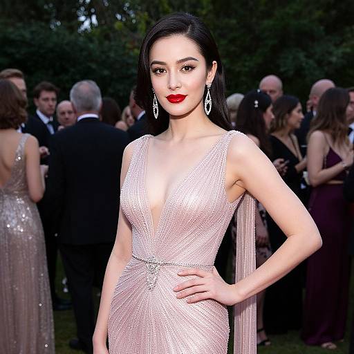 Photograph of an Asian woman with long black hair, red lipstick, and a shimmering, deep-V, silver gown, posing confidently at an outdoor