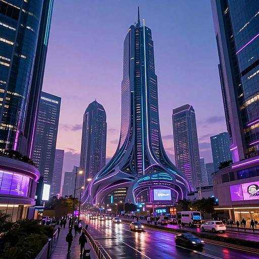 Photograph of a futuristic cityscape at dusk, featuring a towering, neon-lit skyscraper with curved, wing-like structures, surrounded by illuminated buildings
