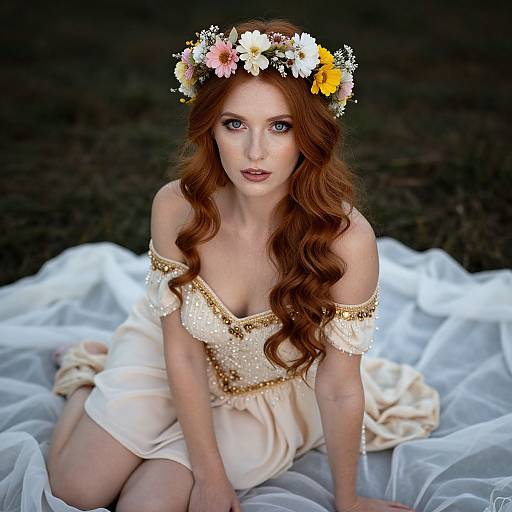 Photograph of a fair-skinned, red-haired woman with blue eyes, wearing a floral crown, off-shoulder cream dress with gold embellishments