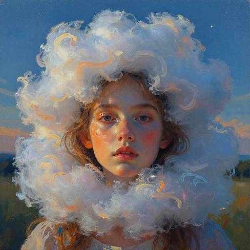 Digital painting of a young girl with a swirling, cloud-like white hair against a vibrant blue sky, creating a surreal, ethereal effect.