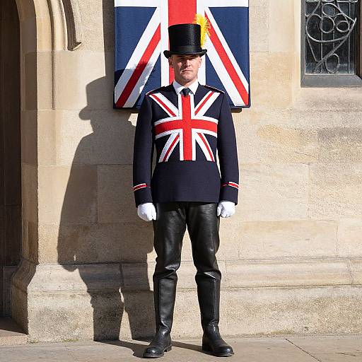 Photograph of a man in a black military-style uniform with Union Jack on chest, top hat, white gloves, black pants, standing against a stone
