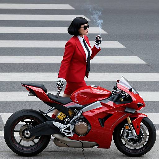 Photograph of a stylish woman in a red suit, black bob, sunglasses, and gloves, standing beside a red sports motorcycle at a crosswalk.
